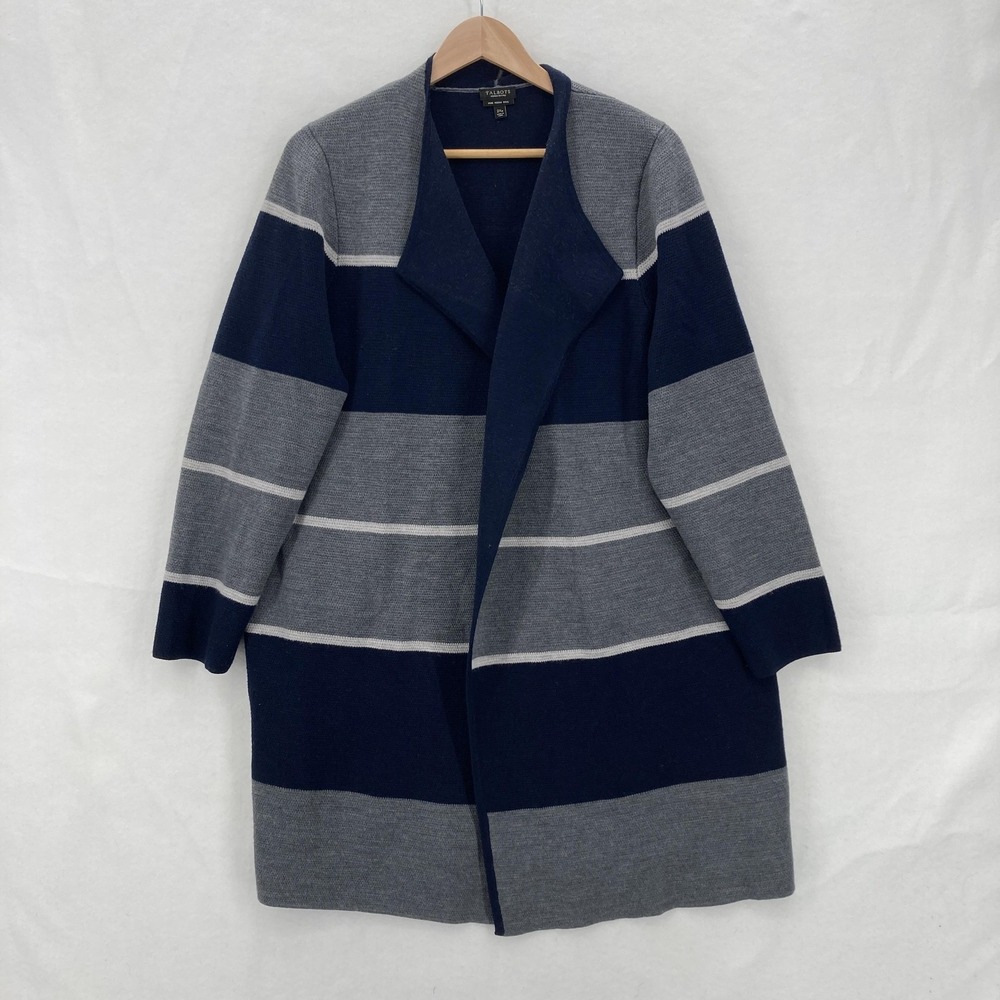Talbots Sweater Womens 2X Petite Navy Gray Stripe Merino Wool Open Cardigan